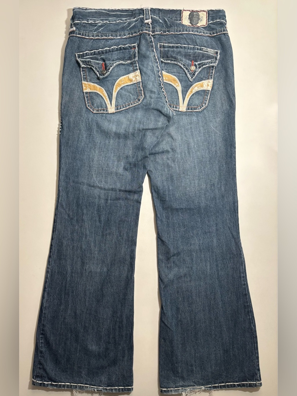 Women's Y2K Laguna beach flared grunge thick stitching dark blue faded jeans
